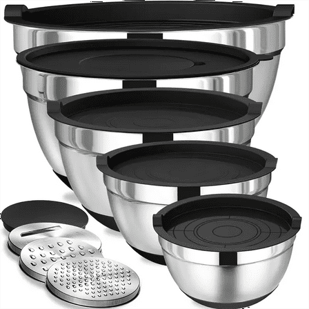 AOKIWO Mixing Bowls with Airtight Lids, 8PCS Stainless Steel Bowls Set with 3 Grater Attachments, Kitchen Bowls with Non-Slip Bottoms, Size 5, 4, 3.5, 2, 1.5 QT for Mixing & Serving, Black