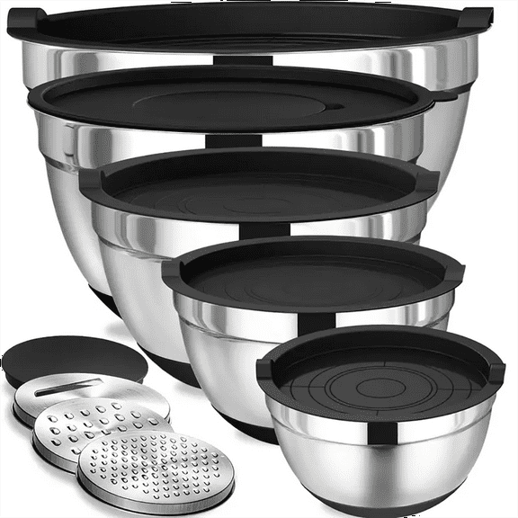 AOKIWO Mixing Bowls with Airtight Lids, 8PCS Stainless Steel Bowls Set with 3 Grater Attachments, Kitchen Bowls with Non-Slip Bottoms, Size 5, 4, 3.5, 2, 1.5 QT for Mixing & Serving, Black