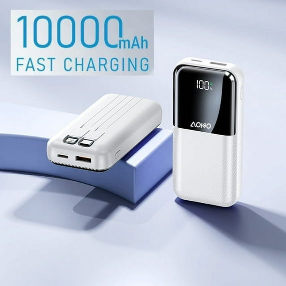 AOKO 10000mAh Portable Power Bank with 4 Output Ports - White