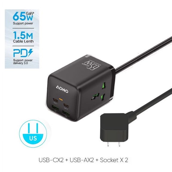 AOKO Multi-Port Charging Station – 2 Type-C, 2 Type-A, 2 Power Sockets - Black