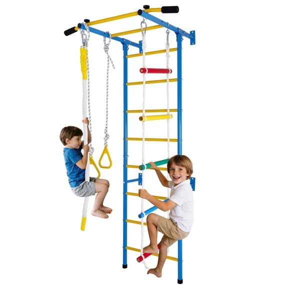 AOKUNG 5 in 1 Indoor Wall Gym Playset with Rope Ladder Pull-up Bar Wall Ladder Rope and Gymnastic Rings for Kids Adults Home Fitness Training 220 lbs Capacity