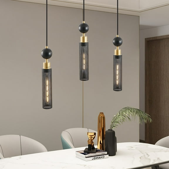 AOLALA 3-Light Pendant Chandelier, Adjustable Hanging Lights with Cylindrical Mesh Shades, E26 Base, Ideal for Dining Room