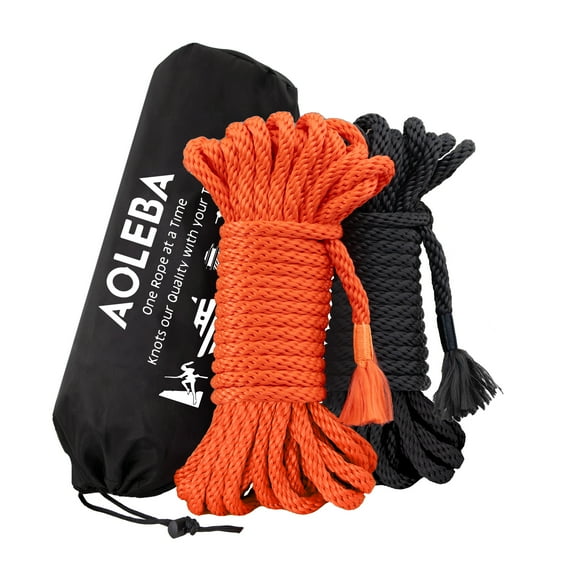 AOLEBA Skin Friendly 8mm Soft Silk Rope, Rope for Knot Tying Practice Beginners, Multiple Strands Braided Polypropylene, 2 Sets 32 Ft Ropes with Storage Dust Bag (Black and Orange)