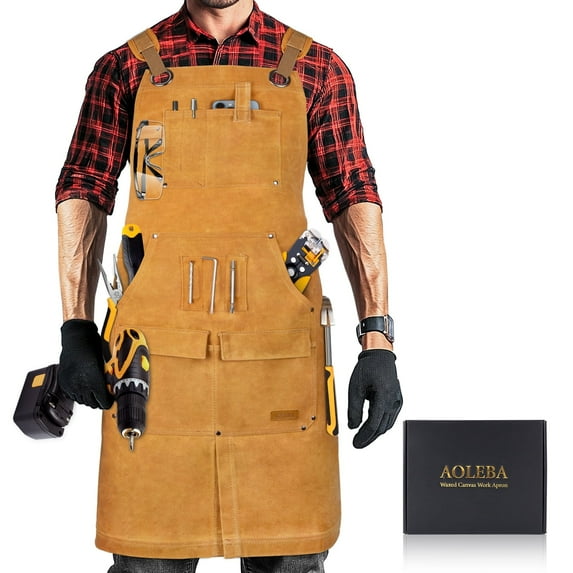 AOLEBA Woodworking Apron for Men,Heavy Duty Waxed Canvas Work Tool Apron with 12 Tool Pockets for Workshop, Carpenter,Mechanic, Blacksmith, Mens Aprons Gifts for Dad Father Men (Khaki)