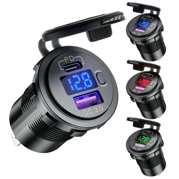 AOLIGEI 48W PD+QC 3.0 12V/24V USB Car Charger LED Voltmeter Power Switch Car Lighter Socket For Motorcycle Truck SUV RV ATV Boat