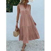 AOLIGEI Casual Summer Midi Dress Women Sleeveless Tank V Neck Buttons Ruffle Loose Dresses Beach Soild Sundress Fashion