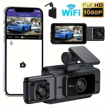 AOLIGEI Dash Cam for Cars, 3 Channel Camera HD 1080P Night Vision,Front, Rear and Inside, Built in WiFi, 128 GB Max, Without GB Card