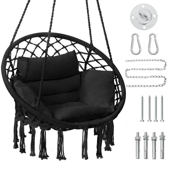 AOLIGEI Macrame Hammock Hanging Swing Chair with Cushion, Perfect for Bedroom, Porch, Adults, Balcony, Beige