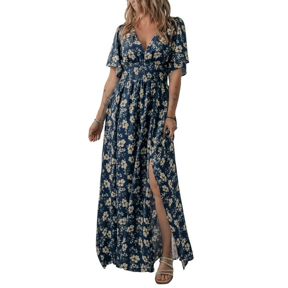 AOLIGEI Maxi Dresses Women V Neck Short Sleeve Boho Floral Split Summer Dress Flowy Casual Loose Elastic Waist Long Blue Size L US12 14