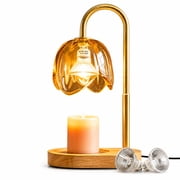 AOLIGO Candle Warmer Lamp with Timer Adjustable Height Dimmable Flower Glass Wax Melting Light Wooden Base for Small Jars, Yellow