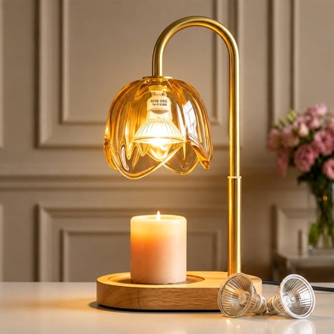 AOLIGO Candle Warmer Lamp with Timer Adjustable Height Dimmable Flower Glass Wax Melting Light Wooden Base for Small Jars, Yellow