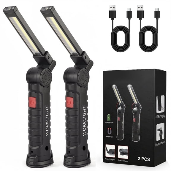 AOLIGO LED Work Light 2 Pack, Rechargeable COB Flashlight with 5 Modes, Magnetic Base and Hook, 360° Rotate, Foldable Portable Waterproof Light for Workshop, Camping, Emergency