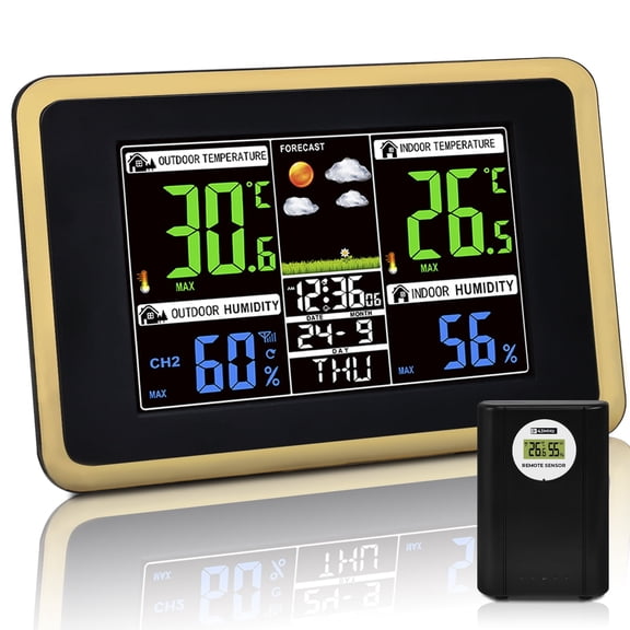 AOLIGO Wireless Weather Station, Color Display with Indoor Outdoor Thermometer, Forecast, Alarm and Calendar, Black