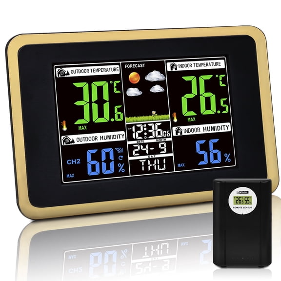 AOLIGO Wireless Weather Station, Color Display with Indoor Outdoor Thermometer, Forecast, Alarm and Calendar, Black