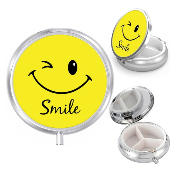 AOLIKAI Pill Box 3 Compartment Medicine Pill Case, Portable Pill Organizer for Pocket or Purse Pill Container Holder Decorative Metal Medicine Vitamin Organizer, Smile Face