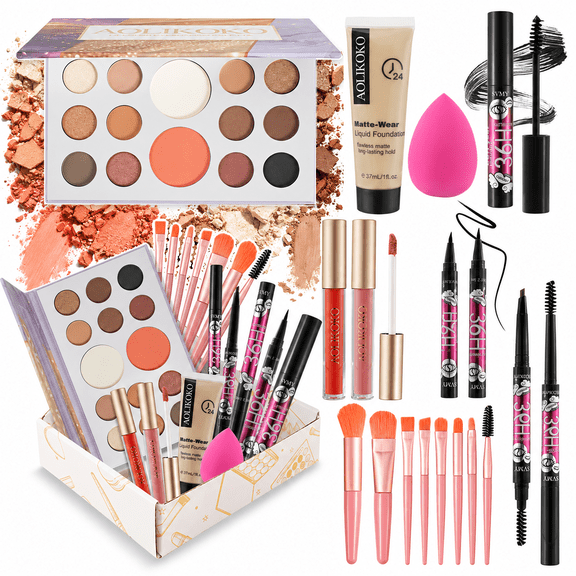 AOLIKOKO Makeup Kit for Teens & Women Full Makeup Set with Foundation,Eyeshadow,Mascara,Lip Gloss,Eyebrow Pencil,Eyeliner & Brushes Complete Makeup Kit Gift Set for Teen Girls & Beginners