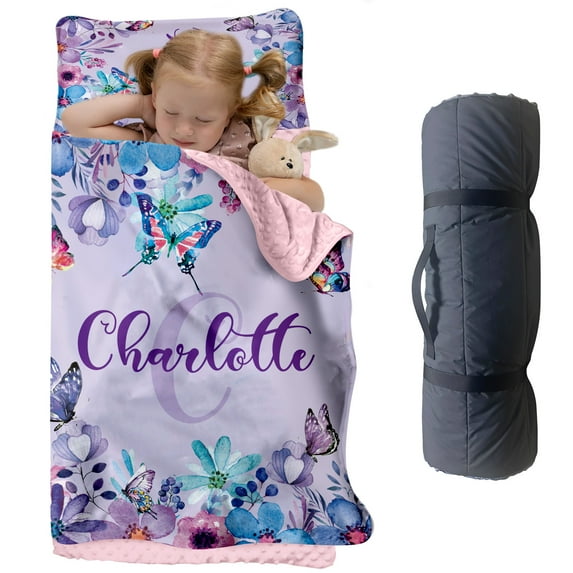 AOLOA Custom Butterfly Nap Mat for Toddlers, Personalized Floral Sleeping Bag with Nap Blanket, Purple Flower Theme Roll Up Mat for Preschool or Daycare
