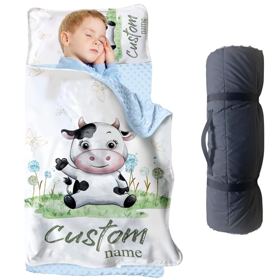 AOLOA Custom Farm Animal Nap Mat for Toddlers, Personalized Baby Cow Sleeping Bag with Nap Blanket, Daycare Roll Up Nap Mat for Preschool Use(Cushions + Pillows22.5"x55"+Blanket size: 33.5" x 45")