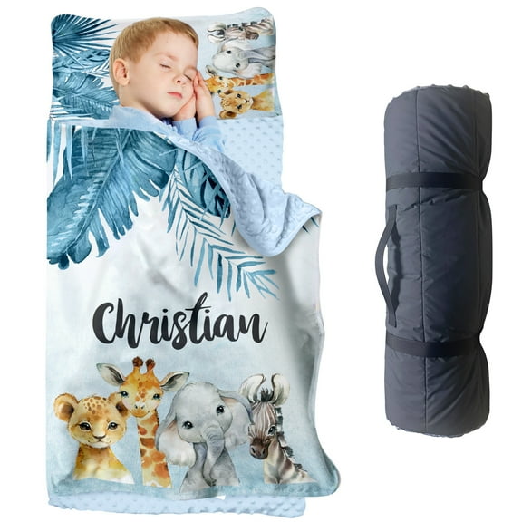 AOLOA Custom Jungle Animal Nap Mat for Toddlers, Personalized Safari Sleeping Bag with Nap Blanket, Daycare and Preschool Roll Up Sleeping Mat with Name
