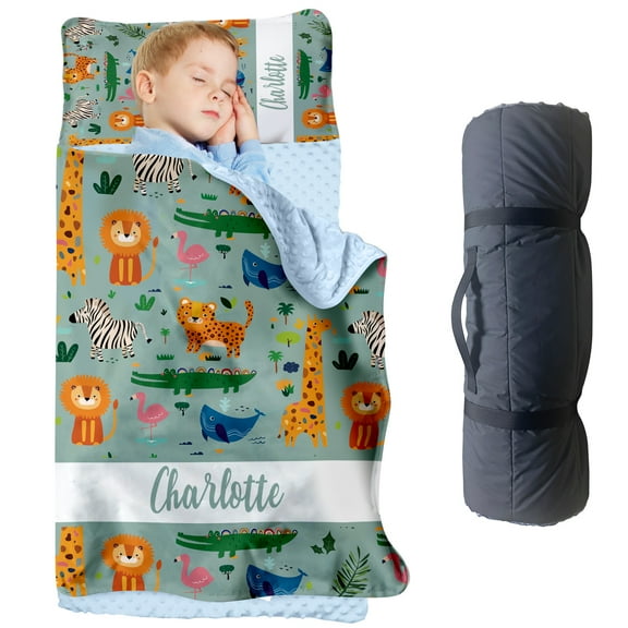 AOLOA Custom Lion Toddler Nap Mat With Personalized Name, Cartoon Animals Design in Green. Ideal Daycare Sleeping Bag Blanket for Preschoolers. Lightweight and Easy to Clean.