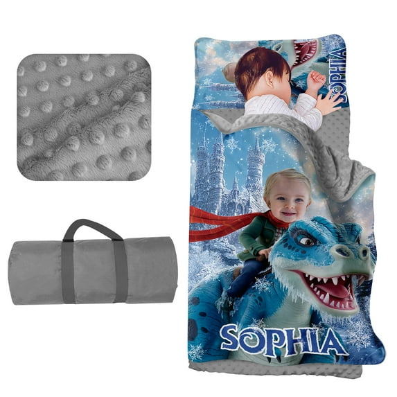 AOLOA Custom Toddler Nap Mat for Daycare, Boys Travel Sleeping Bag Kids Nap Mats with Pillow Blanket for Preschool Kindergarten, Personalized Name Easy Carry Nap Sack Dinosaur Blue
