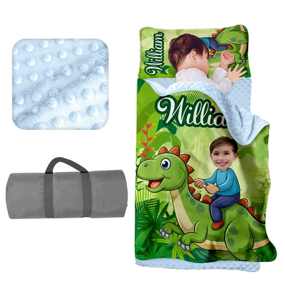 AOLOA Custom Toddler Nap Mat for Daycare, Boys Travel Sleeping Bag Kids Nap Mats with Pillow Blanket for Preschool Kindergarten, Personalized Name Easy Carry Nap Sack Dinosaur