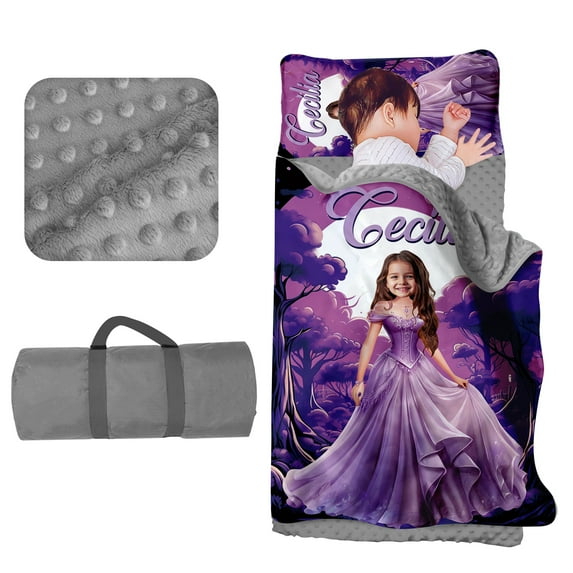 AOLOA Custom Toddler Nap Mat for Daycare, Girls Travel Sleeping Bag Kids Nap Mats with Pillow Blanket for Preschool Kindergarten, Personalized Name Easy Carry Nap Sack Princess Purple
