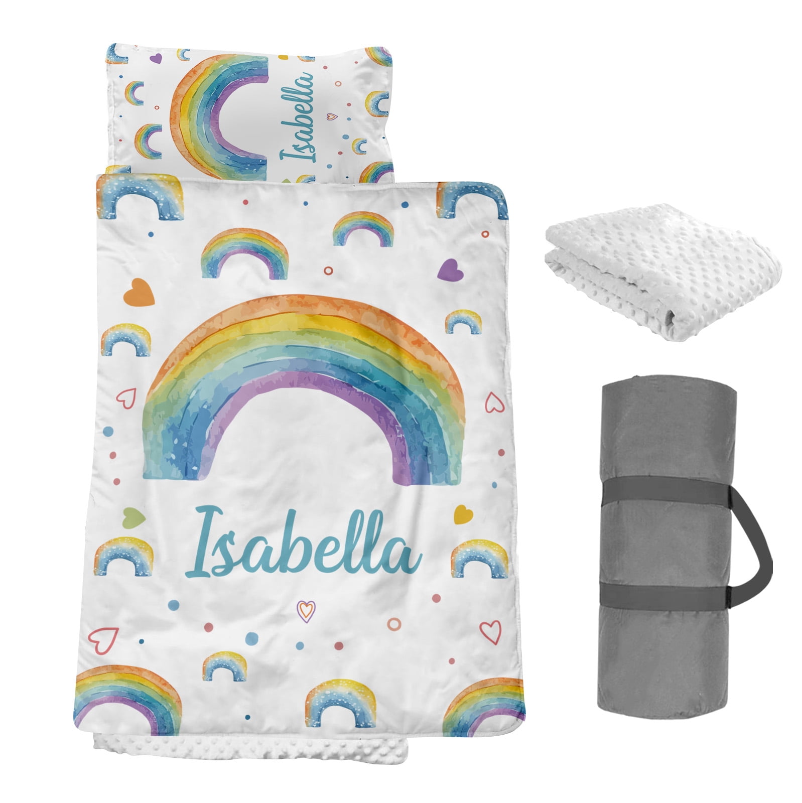 AOLOA Custom Toddler Nap Mat, Personalized Baby Name Sleeping Bag for Preschool Daycare Kinder, Sleeping Mat Bedding Set with Blanket Pillow, Colourful Rainbow Portable Nap Sacks for Infant Girls
