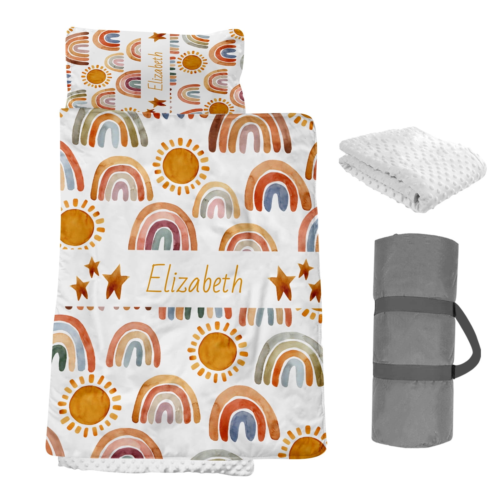AOLOA Custom Toddler Nap Mat, Personalized Baby Name Sleeping Bag for Preschool Daycare Kinder, Sleeping Mat Bedding Set with Blanket Pillow, Orange Rainbow Portable Nap Sacks for Child Infant Girl