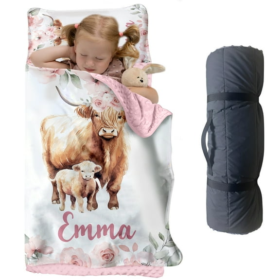 AOLOA Custom Toddler Nap Mat for Preschool, Personalized Name Highland Cow Design Kids Sleeping Bag for Daycare, Roll Up Sleeping Mat with Removable Pillow and Soft Dot Minky Blanke for Girls Camping