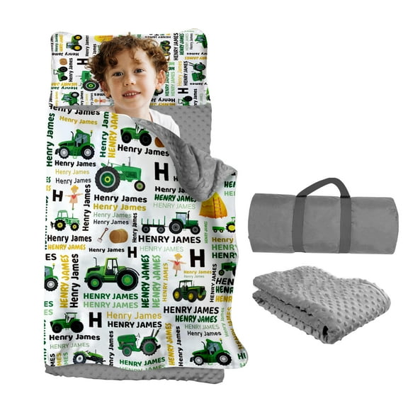 AOLOA Custom Toddler Nap Mat for Preschool, Personalized Name Kids Nap Mat for Daycare Kindergarten Boys Girls, Sleeping Bag with Pillow Blanket, Thick Padded Rolled Napping Mats, Tractor & Scarecrow