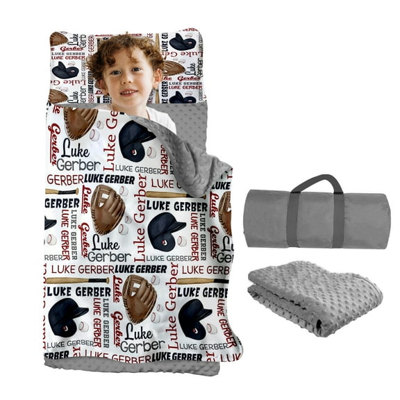 AOLOA Custom Toddler Nap Mat for Preschool, Personalized Name Kids Nap Mat for Daycare Kindergarten Boys Girls, Sleeping Bag with Pillow Blanket, Thick Padded Rolled Napping Mats, Baseball Theme