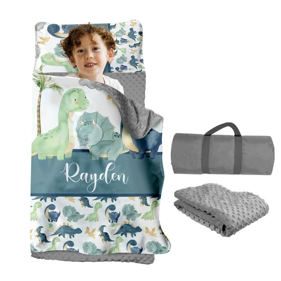 AOLOA Custom Toddler Nap Mat for Preschool, Personalized Name Kids Nap Mat for Daycare Kindergarten Boys Girls, Sleeping Bag with Pillow Blanket, Thick Padded Rolled Napping Mats, Green Dinosaur