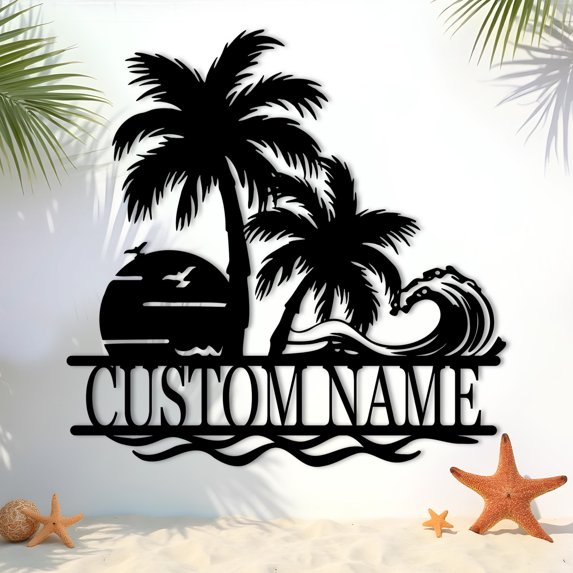 AOLOA Personalized Beach Metal Signs, Custom Palm Trees Metal Name Sign, Custom Signs Outdoor Metal, Outdoor Metal Family Name Sign, Custom Cabin Sign, Beach House Decor, Coastal Wall Decor(10inches)