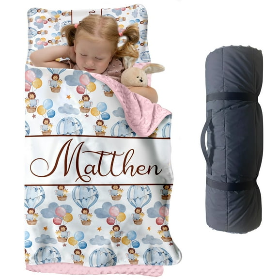 AOLOA Personalized Cartoon Hot Air Balloon Bean Velvet Nap Mat for Kids – Soft Toddler Sleeping Mat with Custom Name – Ideal for Daycare, Preschool, and Travel