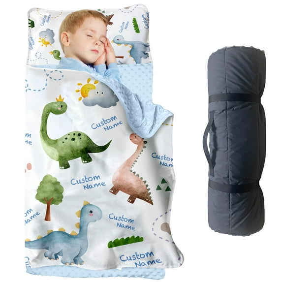 AOLOA Personalized Dinosaur Nap Mat for Kids – Soft Fleece Toddler Sleeping Mat with Custom Name – Ideal for Daycare, Preschool, and Travel(Cushions + Pillows22.5"x55"+Blanket size: 33.5" x 45")