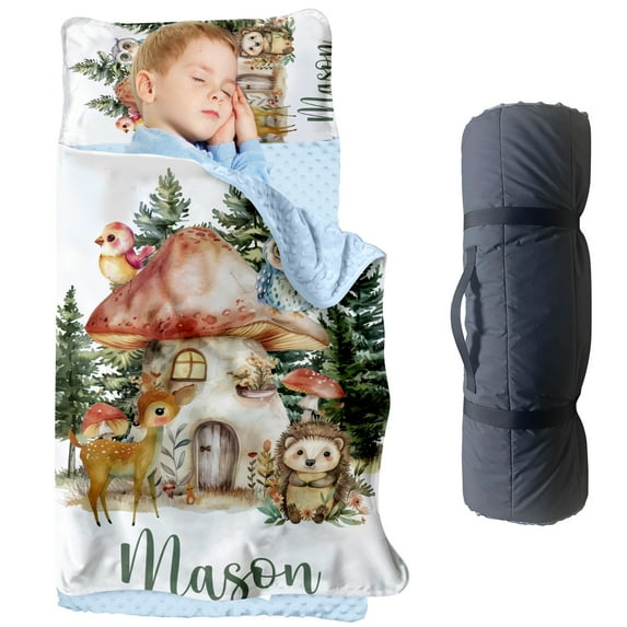 AOLOA Personalized Mushroom Cottage & Woodland Animals Bean Velvet Nap Mat – Soft Toddler Sleeping Mat with Custom Name – Ideal for Daycare, Preschool, and Travel