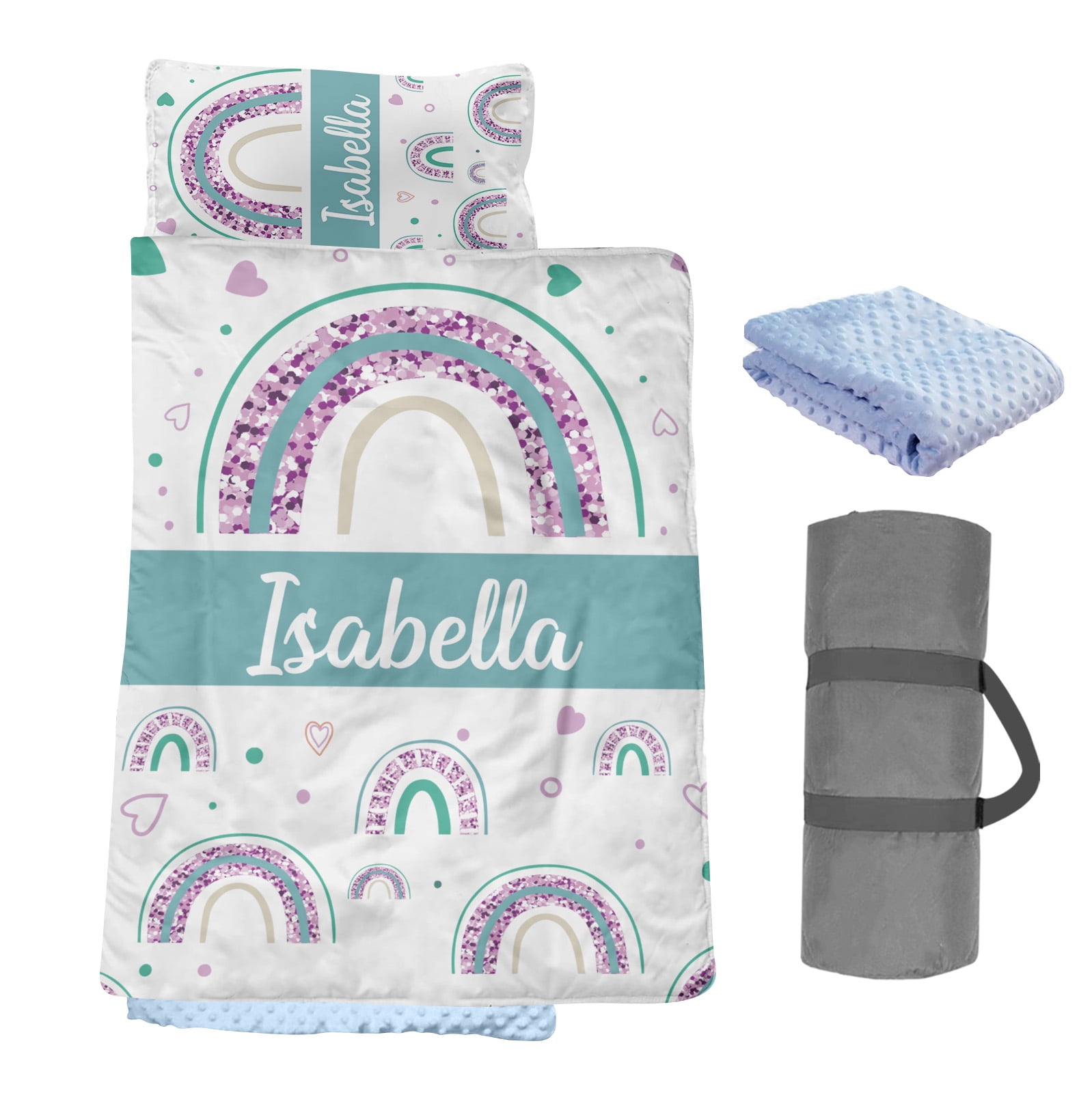 AOLOA Personalized Toddler Nap Mat, Custom Name Kids Sleeping Mat for Daycare Preschool Kindergarten, Blue Rainbow Boys Girls Sleep Bag with Pillow Blanket Set, Portable Nap Sack for Infant Child
