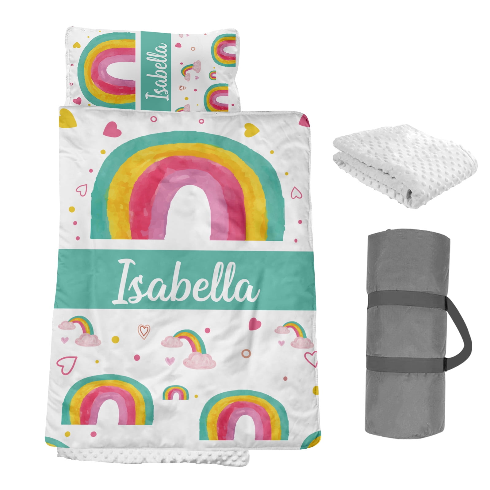 AOLOA Personalized Toddler Nap Mat, Custom Name Kids Sleeping Mat for Daycare Preschool Kindergarten, Green Rainbow Boys Girls Sleep Bag with Pillow Blanket Set, Portable Nap Sack for Infant Child