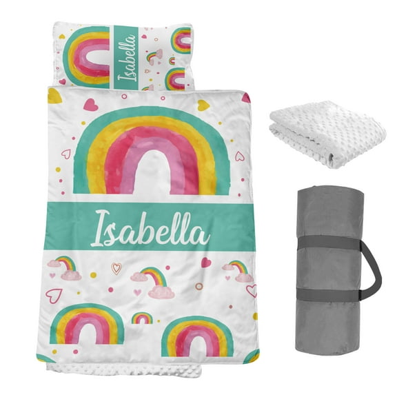 AOLOA Personalized Toddler Nap Mat, Custom Name Kids Sleeping Mat for Daycare Preschool Kindergarten, Green Rainbow Boys Girls Sleep Bag with Pillow Blanket Set, Portable Nap Sack for Infant Child