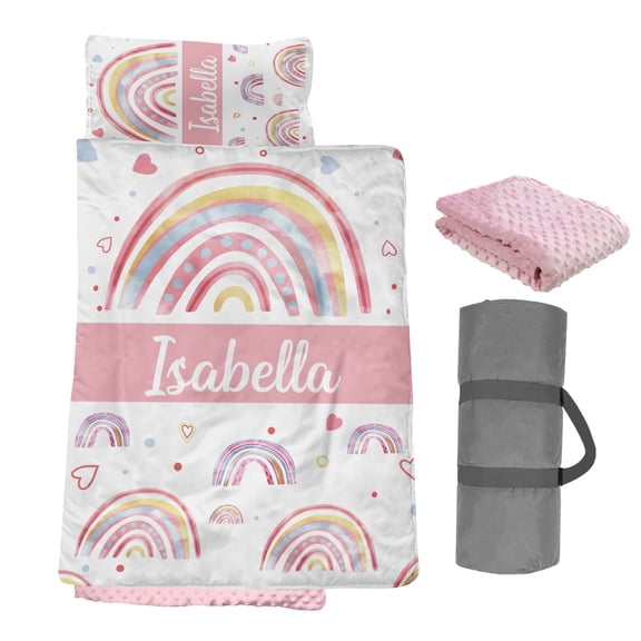 AOLOA Personalized Toddler Nap Mat, Custom Name Kids Sleeping Mat for Daycare Preschool Kindergarten, Light Pink Rainbow Girl Sleep Bag with Pillow Blanket Set, Easy Roll Up Infant Child Nap Sack