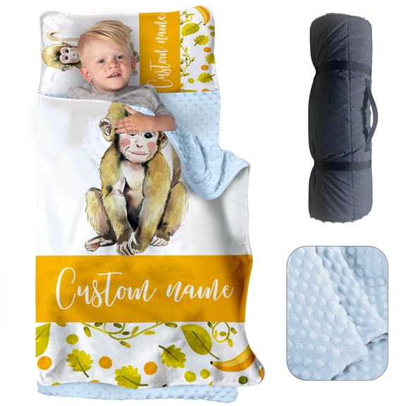 AOLOA Personalized Toddler Nap Mat for Daycare, Custom Name Kids Sleeping Bag with Pillow and Blanket for Preschool Kindergarten, Golden Monkey Design Nap Mats Easy Carry