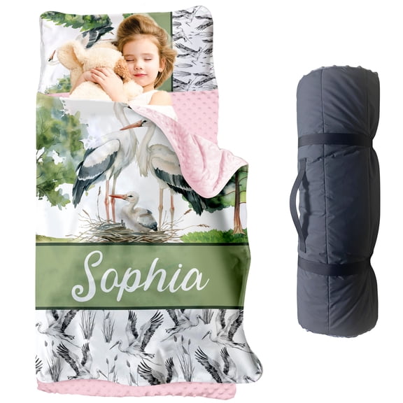 AOLOA Personalized Toddler Nap Mat for Preschool, Custom Name Kids Nap Mat with Pillow Cover and Nap Blanket, Daycare Nap Mats for Kindergarten, Crane Design Rolled Slumber Bags Easy to Carry