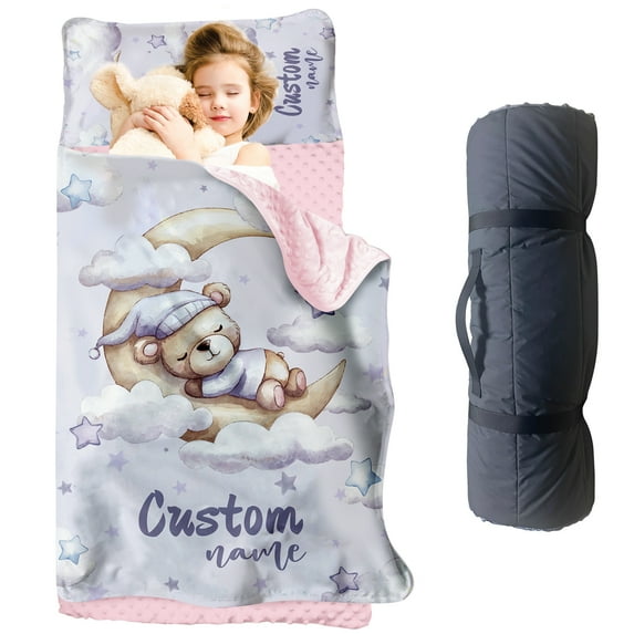 AOLOA Personalized Toddler Nap Mat for Preschool, Custom Name Kids Nap Mat with Pillow Cover and Nap Blanket, Daycare Nap Mats for Kindergarten, Moon Bear Design Rolled Slumber Bags Easy to Carry