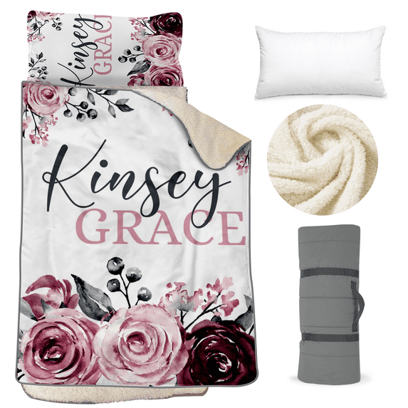 AOLOA Personalized Toddler Nap Mat - Thick & Warm - Kids Sleeping Bag with Removable Pillow & Fleece Blanket - Winter Nap Mat for Preschool Daycare - Rollup Design