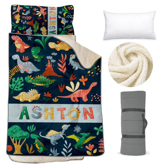 AOLOA Personalized Toddler Nap Mat - Thick & Warm - Kids Sleeping Bag with Removable Pillow & Fleece Blanket - Winter Nap Mat for Preschool Daycare - Rollup Design