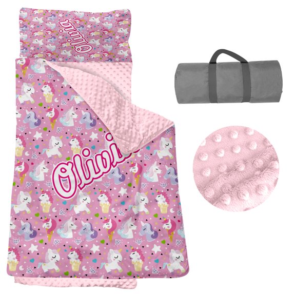 AOLOA Toddler Nap Mat, Personalized Name Horse Pattern Nap Mats for Daycare Preschool Kindergarten Sleeping Bag for Kids Girls Nap Mat with Pillow and Blanket Barbie