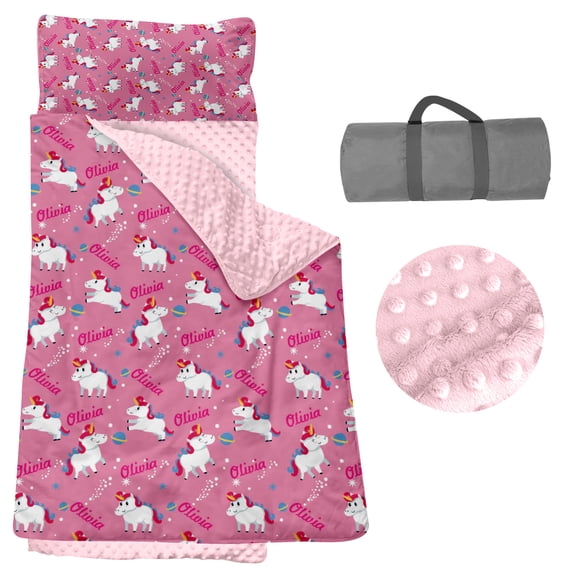 AOLOA Toddler Nap Mat, Personalized Name Horse Pattern Nap Mats for Daycare Preschool Kindergarten Sleeping Bag for Kids Girls Nap Mat with Pillow and Blanket Love