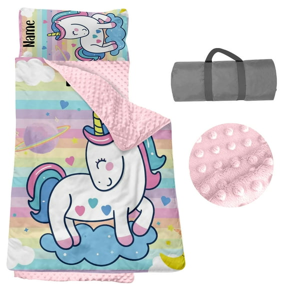AOLOA Toddler Nap Mat, Personalized Name Horse Pattern Nap Mats for Daycare Preschool Kindergarten Sleeping Bag for Kids Girls Nap Mat with Pillow and Blanket Multicolor