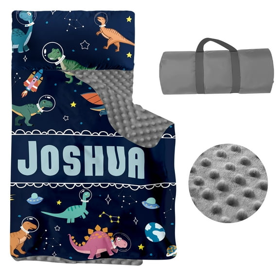 AOLOA Toddler Nap Mat with Pillow and Blanket, Personalized Name Toddler Sleep Mat, Extra Large Rolled Napping Mats, Washable, Light, for Kids Boys Daycare Preschool Travel(Dinosaur)(Fixed Size)